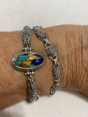 Sarda .925 Silver Filigree Turquoise and Spiny Oyster Bracelet